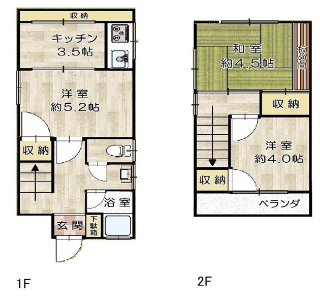 中石切町5丁目中古戸建の間取り|お風呂・トイレ別、全居室収納、南向きバルコニーなど項目が満たされており、中学校・スーパー・コンビニ・ドラッグストアが徒歩10分圏内！