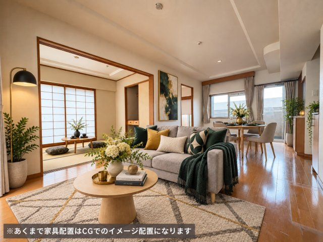 ジェネラスマンション高峰の居間・リビング|約15帖の広々LDK！家族が自然と集まりたくなる、ゆとりと開放感のある空間です♪
※家具等をCGで加工,イメージとしています。家具付き販売ではございません。