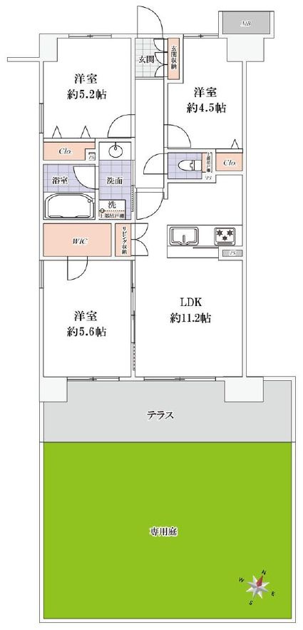 グランリオの間取り|南東向き・角部屋住戸につきまして日当たり・通風良好。新規リフォーム。