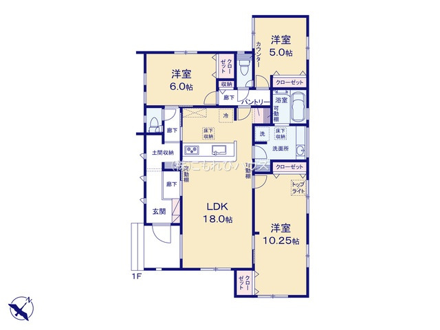 上尾市中妻5丁目　新築一戸建て　ブルーミングガーデン　01の間取り|【全1棟・1号棟】上尾市中妻5丁目　新築一戸建て　ブルーミングガーデン　01・3LDK・土地面積209.00m2・建物面積96.18m2