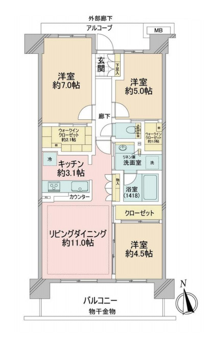 デュオヒルズ西大宮ザ・グランテラスの間取り|【デュオヒルズ西大宮ザ・グランテラス】・3LDK・専有面積70.19m2・バルコニー面積10.8m2