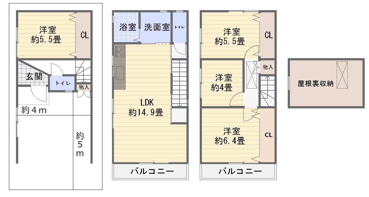 城東区新喜多東１丁目中古戸建の間取り|中古戸建　4LDK　土地面積：47.86平米　建物面積：107.73平米　北東向き