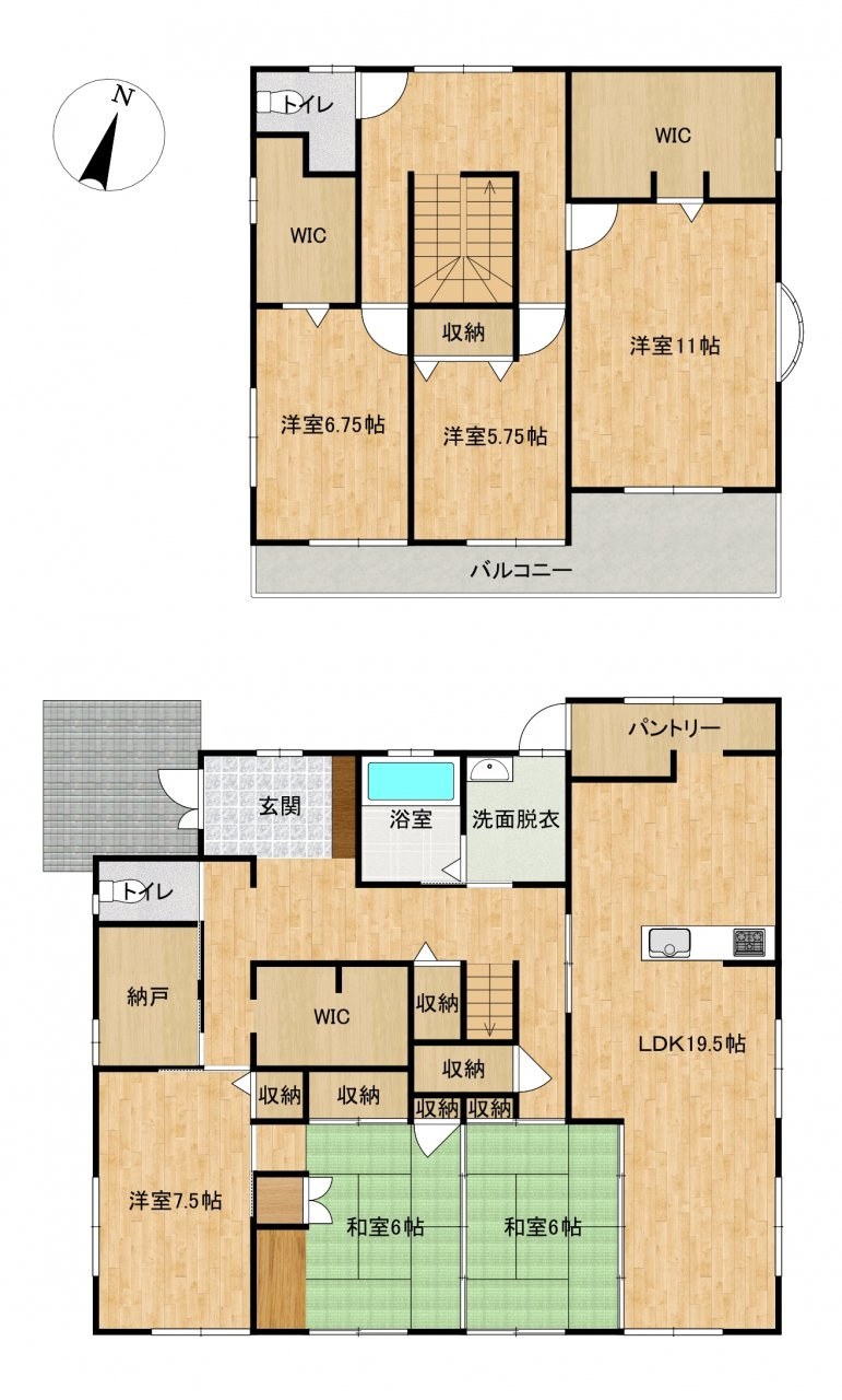 宇部市あすとぴあ５丁目　戸建ての間取り|ハウスメーカー施工の住宅です。WIC3室、パントリーや納戸もあり、収納が豊富な物件です。