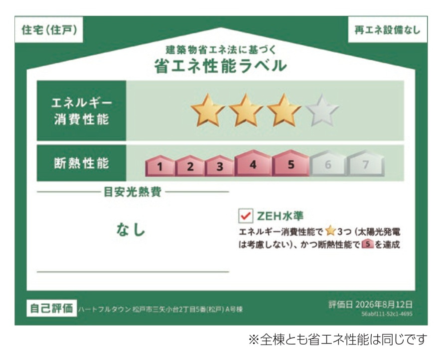 松戸市三矢小台２丁目新築戸建【矢切小学校：8分】の省エネ性能ラベル|省エネ性能ラベル・ZEH水準