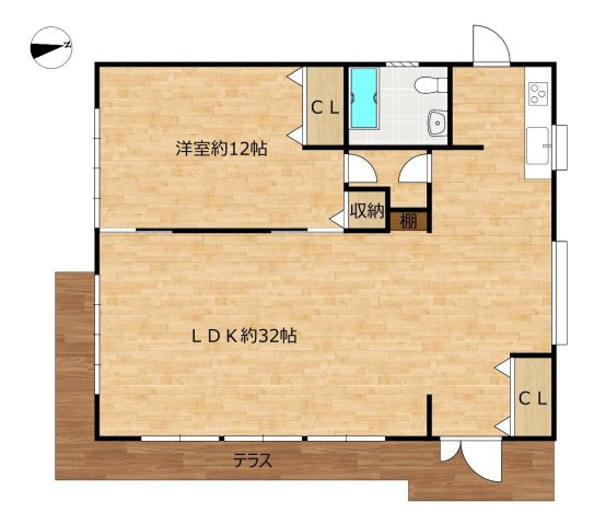 宇部市大字妻崎開作　戸建ての間取り|1LDKの平屋住宅です。LDKは30帖超と別荘のような空間となっています。