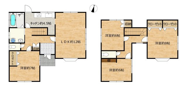 宇部市大字東須恵　戸建ての間取り|【間取り図】4LDKの木造2階建てのお家です。各居室6帖以上あるので、部屋を広く使える間取りになっています。お子様にもお部屋がご用意できますね。