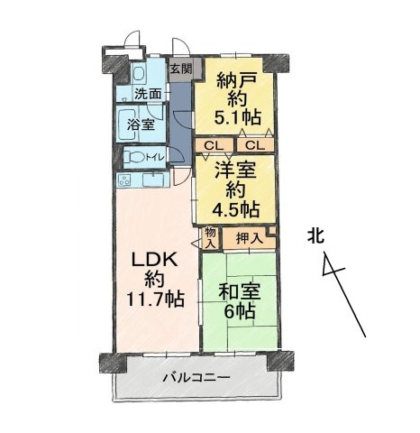 セザール和泉中央の間取り|間取りはイメージ図です。現況を優先いたします。
玄関横の洋室は法律上は納戸となります。