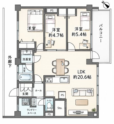 【間取り】 | コスモ根岸旭台　根岸駅9分/専有面積95平米越え/南方角部屋/全部屋バルコニー付き