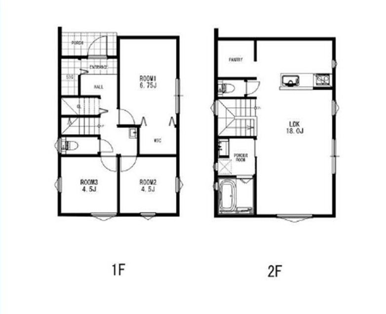 所沢市山口　新築未入居一戸建　～2×4工法採用～の間取り|リビング階段2階LDK18帖、WIC付主寝室6.7帖の3LDK。