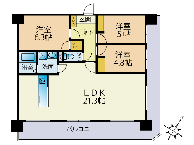 三愛シティライフ吉塚の間取り|3LDK、価格2898万円、専有面積73.81㎡、バルコニー面積22.70㎡ 