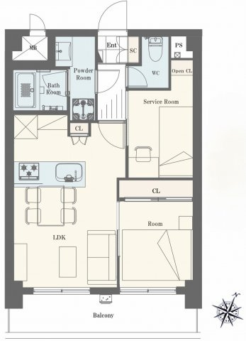 レジェンド日暮里の間取り|3LDK 専有面積43.12m2 バルコニー面積7.00m2　生活動線に優れ、サービスルームや収納を備えた使い勝手の良い設計です。プライベートと寛ぎの時間をどちらも大切にできる心地よい住まいです。