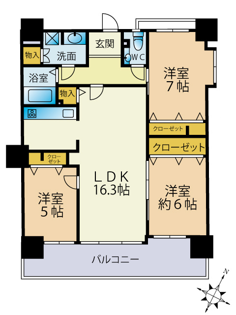 グリーンマンション神松寺ナチュレ参番館の間取り|3LDK、価格3598万円、専有面積77.90㎡、バルコニー面積14.80㎡ 