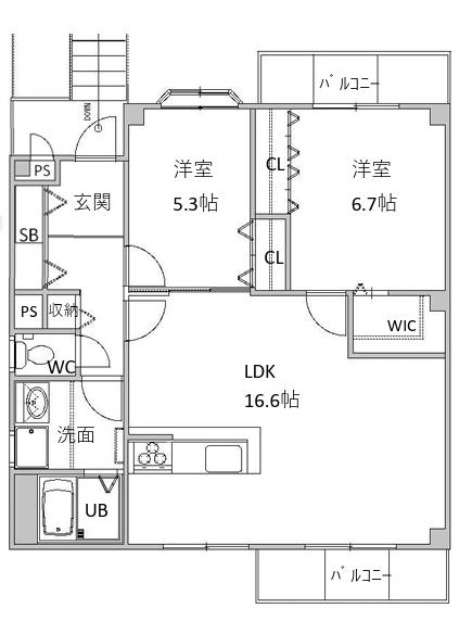 芦屋市大原町の賃貸マンションの間取り
