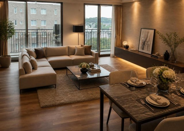 【居間・リビング】 | エステ・スクエア成瀬壱番館 | ゆとりある広さを誇る約21.7帖の広々としたLDK。南西向きの明るい採光が魅力で、家族みんなでゆったり寛げる空間です。フローリング張替を含むリフォーム予定で、新生活を気持ちよくスタートできます。
