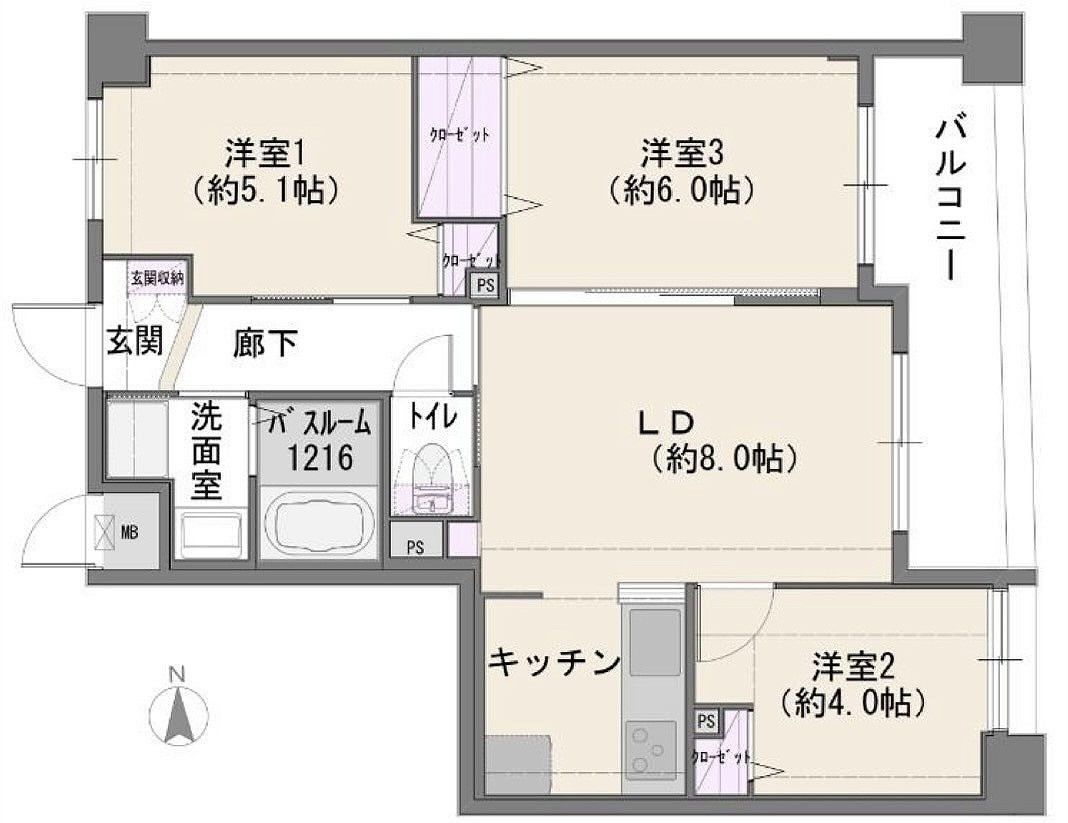 ナイスアーバン五反野の間取り|3LDK 専有面積56.16m2 バルコニー面積6.35m2の使いやすい間取りです。各居室にしっかりとした広さと収納が確保されており、ファミリーでも快適にお住まいいただける機能的なレイアウトです。