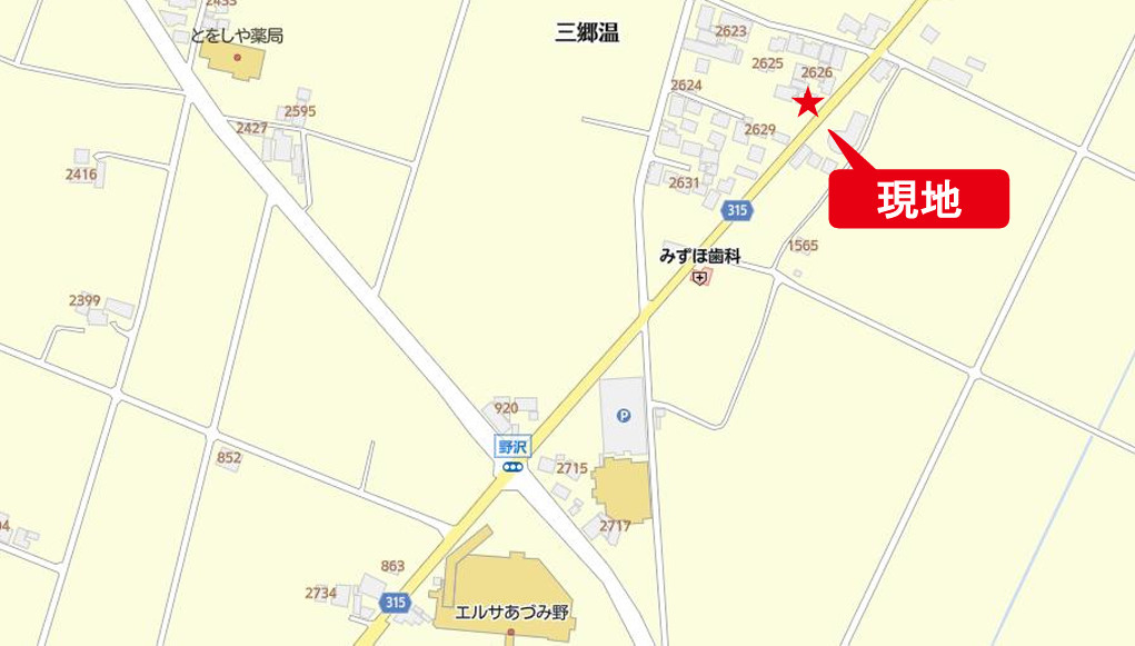 安曇野市三郷温　中古戸建の地図|一日市場駅まで車で約5分、最寄りバス停まで徒歩約10分です。