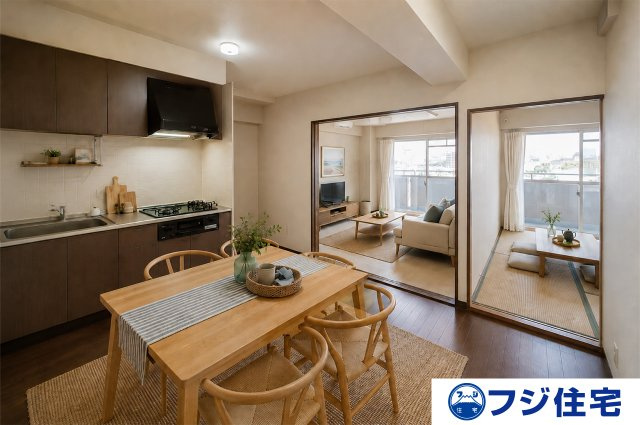 ライオンズマンション和泉上町の居間・リビング|※バーチャルステージング画像（AI合成）です。合成された家具等は販売価格に含まれません。