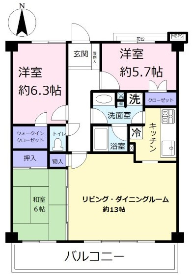 ルネ東松山の間取り|ファミリーにおすすめの3LDK！約13帖の広々LDKは和室と隣接し、開放的な空間として活用できます。洋室には便利なウォークインクローゼットを備えており、収納豊富でお部屋をすっきり保てます。