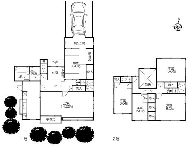 つつじが丘6丁目　中古住宅の間取り|1階にLDKと和室、2階には洋室4部屋を配置した5LDK。吹抜けが住まいに開放感をもたらし、全居室収