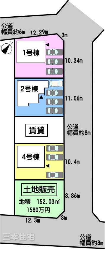 碧南市日進町NEX-G 1号棟の区画図|1号棟　並列駐車3台