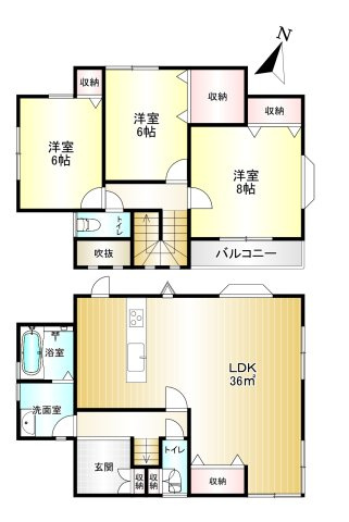 香芝市下田東3丁目の間取り|3LDK　土地面積：130.54㎡　建物面積：99.36㎡　駐車場あり