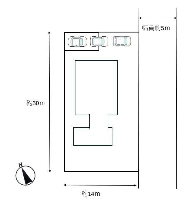 宇部市大字西岐波高野　戸建ての区画図|現地区画図です。建物北側に車庫駐車スペースがあります。