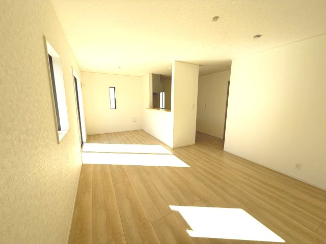 クレイドルガーデン前橋市青柳町第28　5号棟の居間・リビング|【イメージ画像】ゆったり過ごせる16帖リビングです
人気の対面式キッチンを配した空間はお好みの家具も合わせやすく、家族がくつろぐ快適な空間造りをサポート。窓からは明るい陽光が差し込みます。