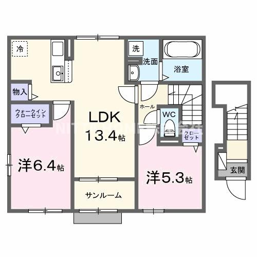 豊岡市伏のアパートの間取り|ネット無料◆エアコン２台装備！１坪風呂や３口コンロなど人気の設備◎
