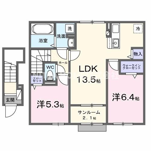 豊岡市伏のアパートの間取り|ネット無料◆エアコン２台装備！１坪風呂や３口コンロなど人気の設備◎