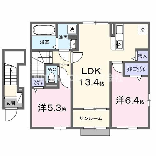豊岡市伏のアパートの間取り|ネット無料◆エアコン２台装備！１坪風呂や３口コンロなど人気の設備◎