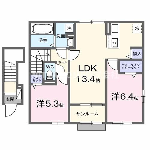 豊岡市伏のアパートの間取り|ネット無料◆エアコン２台装備！１坪風呂や３口コンロなど人気の設備◎