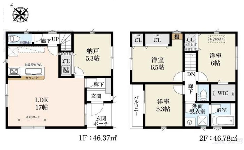 北区志茂4丁目 全2棟 2号棟の間取り|建物面積93.15㎡ 2階建て4LDK（納戸表記を含む）
WICなど収納も豊富な間取りです