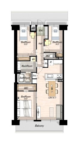 ステイツ雲雀丘花屋敷の間取り|約１６．５帖のゆとりあるＬＤＫ．３つの使いやすい洋室。大型ウォークインクローゼットや廊下リビングにも収納がたくさん。洗面室も広く、ゆったりと過ごせるお部屋になります。