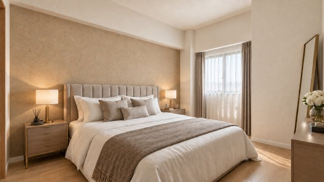 ステイツ雲雀丘花屋敷の寝室|柔らかなベージュのアクセントクロスと上質なファブリックが調和する、ホテルライクな主寝室。画像はリフォーム完成後のイメージパースになり、一部変更や異なる場合があります。家具・調度品はありません。