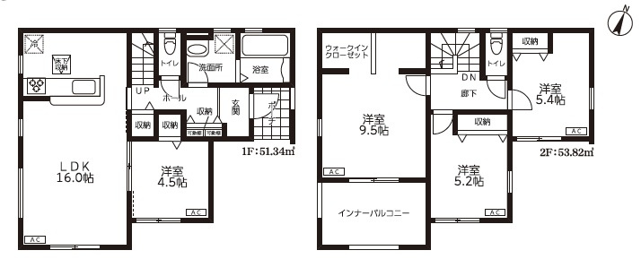 蓮田閏戸　全1棟の間取り|全居室南向きの明るいお部屋が魅力の戸建てです。広々とたインナーバルコニー付きなので、雨の日や花粉の季節の洗濯物もしっかりと干すことができますね♪