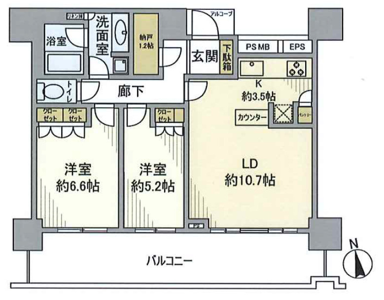 ■2LDK+N、専有面積：62.29平米、バルコニー面積：18.64平米　アルコーブ：2.07平米
※図面と現状が相違する場合は、現状を優先とします。
※家具、小物は販売価格に含まれておりません。