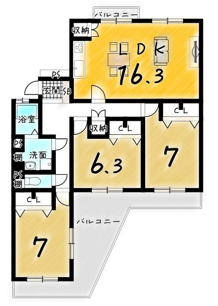 境谷西第2住宅団地16号棟の間取り|『南東向き×２面バルコニー♪』
お洗濯物はもちろん、お布団を干したり、テーブルやイスを置いてカフェタイムも楽しめちゃいます♪