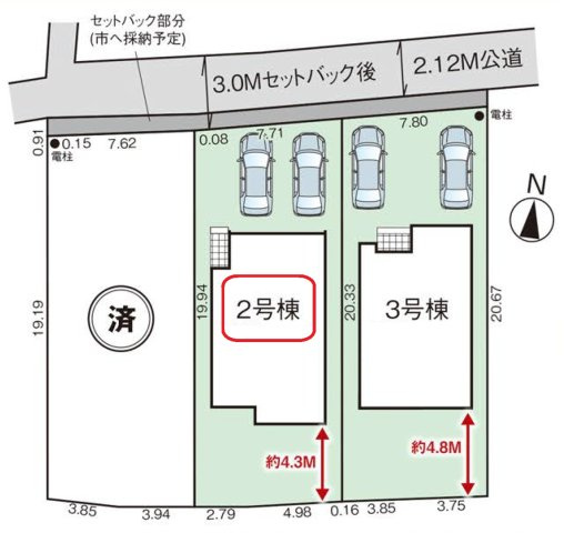 飯能市双柳・全3棟　新築一戸建　2号棟の区画図|【全3棟・2号棟】カースペース並列2台。