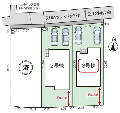 飯能市双柳・全3棟　新築一戸建　3号棟の区画図|【全3棟・3号棟】カースペース並列2台。