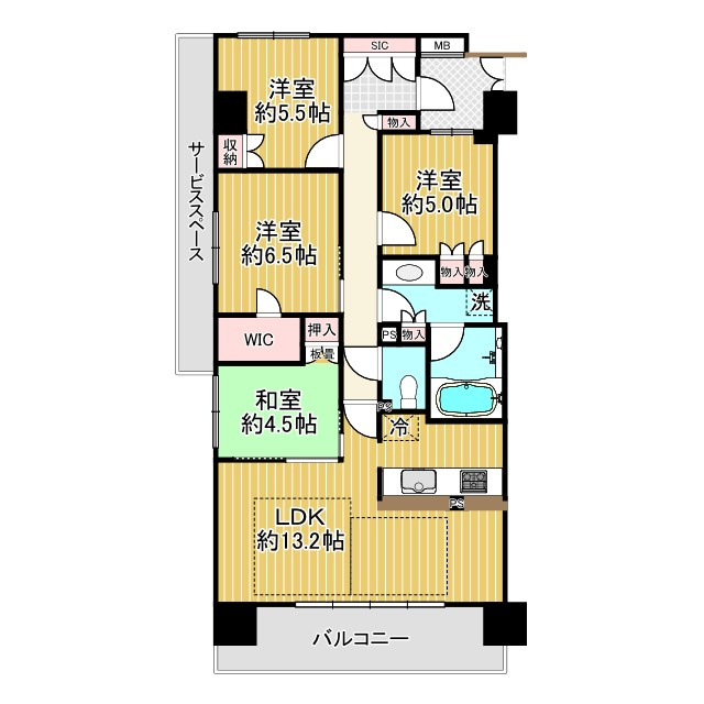 グランマークシティ東向日の間取り|4LDKで部屋数充実！
2階角部屋で日当たり・通風良好です。