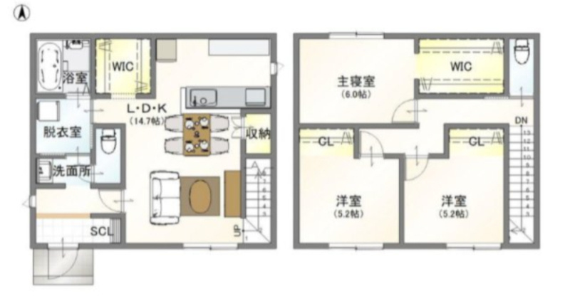 大津区天満　A号地の間取り|リビングに階段があるので、帰宅時や自分の部屋に行く際、必ずリビングを通る動線になります。そのため、家族が顔を合わせる機会が増え、挨拶やちょっとした会話が生まれやすくなります。