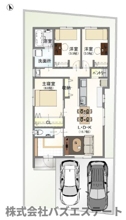 三木市平田　新築一戸建ての間取り|水回りと3つの居室が北側に集約され、15.7帖のLDKと2台分の駐車場が南側にゆったり配置された、生活動線がスムーズで暮らしやすそうな3LDKの平屋の間取りです。
