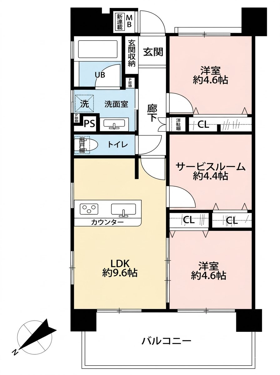 クリオ千駄木動坂の間取り|クリオ千駄木動坂：北西向き角部屋につき陽当り・眺望良好！全居室収納付き２ＳＬＤＫフルリノベーション物件は居室としても使えるサービスルーム付き！