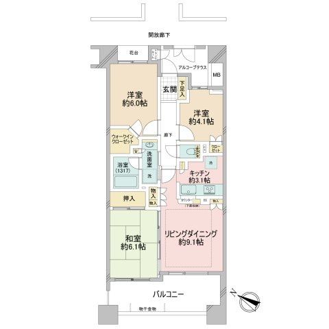 エスタガーデンの間取り|専有面積：65.06㎡　バルコニー面積：12.01㎡　トランクルーム：0.37㎡　
アルコープテラス：6.30㎡