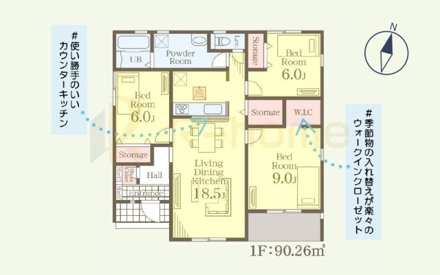 第1かすみがうら市下稲吉　新築戸建て　2号棟の間取り|3LDK＋WIC＋SC、土地面積394.11m2、建物面積90.26m2