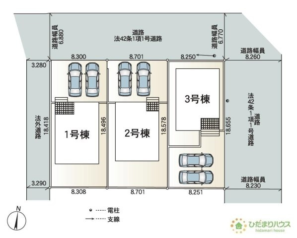 【区画図】 | 土浦市中高津第10　新築戸建　1号棟 | 車の出入りもラクラクな前面道路幅6ｍ！
（1号棟）