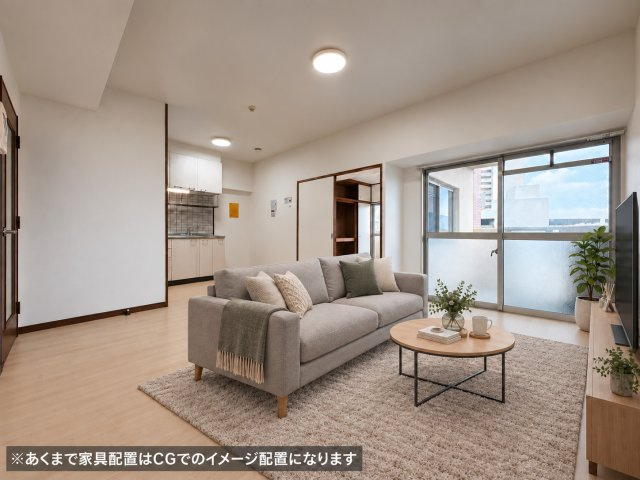 ホワイトキャッスル若松駅前の居間・リビング|12.5帖のリビング♪明るく心地よい家族団らんの空間です♪
※家具等をCGで加工,イメージとしています。家具付き販売ではございません。
