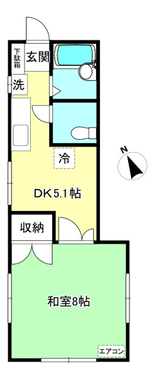 【間取り】 | ストークハイツノン | 和室8帖・DK5.1帖の1DKタイプ！ちょっと広めのお部屋をお探しの単身者さんにオススメ☆なんと言っても角部屋・三面採光なのが嬉しい♪