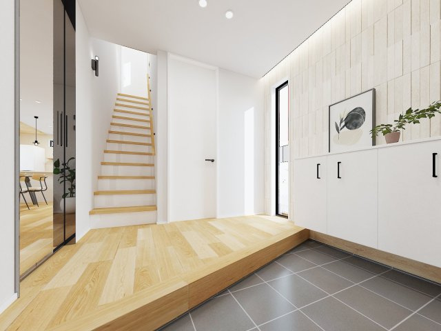 保土ヶ谷区権太坂１丁目　新築戸建ての玄関|［パース］◆明るい玄関です！散らかりやすい玄関もスッキリする大容量のシューズボックス付き。