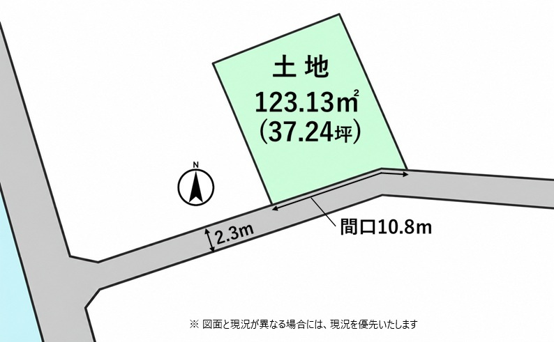 売土地　焼津市田尻北の区画図|土地面積123.13㎡（約37.24坪）、間口約10.8ｍの売土地です。